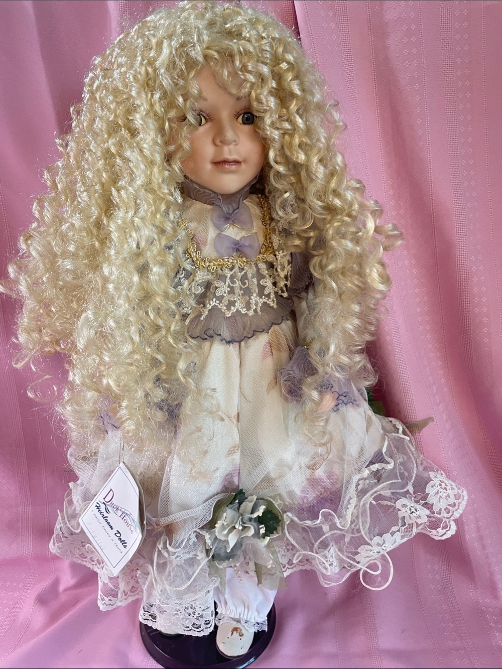 Porcelain Collectible Doll in Lavender & White Dress